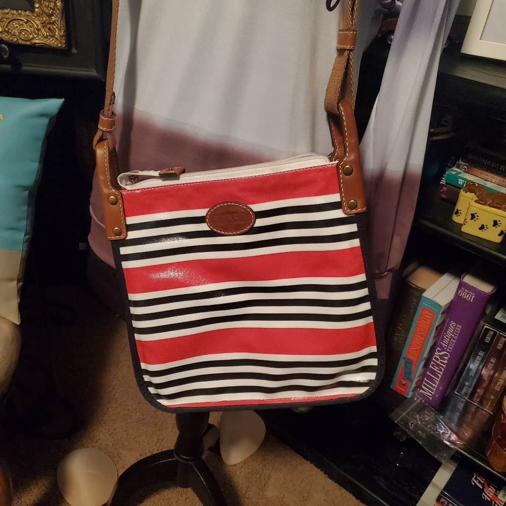 Fossil Keyper canvas coated striped cross body bag